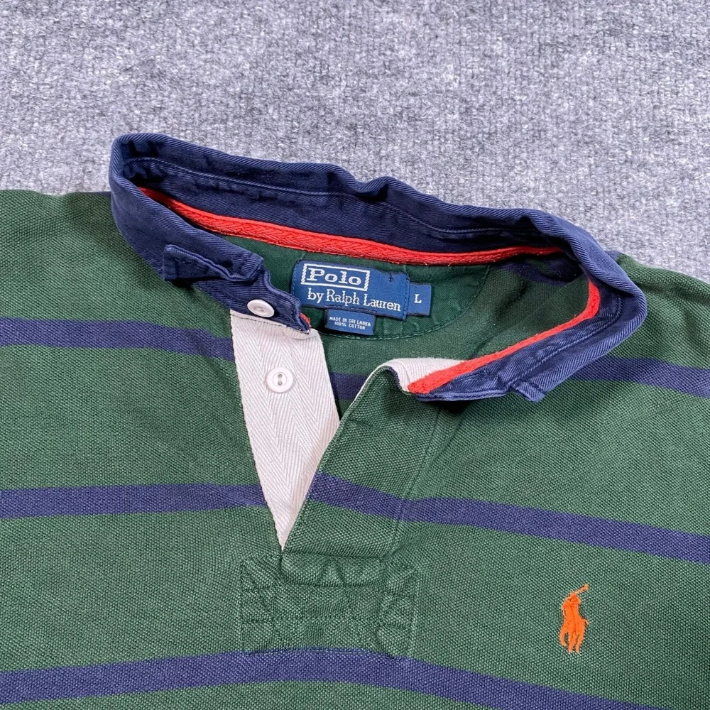 Polo Ralph Lauren Mens Green Navy Blue Striped Short Sleeve Rugby Shirt Large